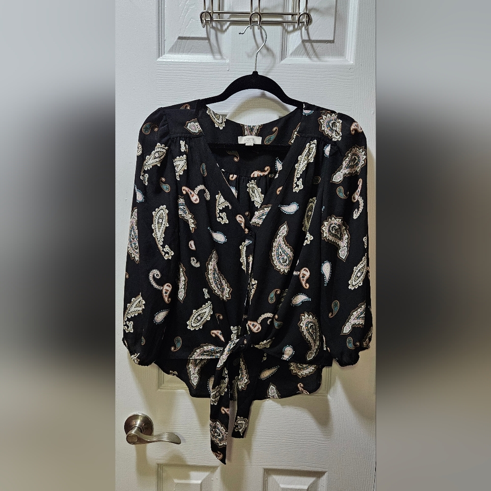 LOFT Outlet Black Paisley Tie Waist Blouse Size S